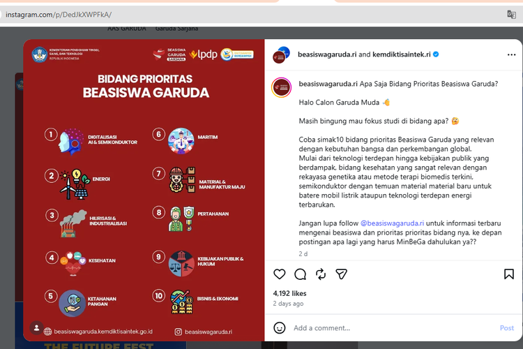 10 Bidang Prioritas Beasiswa Garuda, Segera Buka untuk Tahun 2027