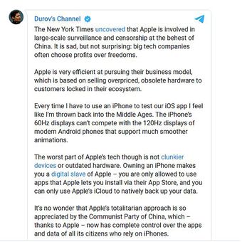 Posting pendiri Telegram Pavel Durov yang menyebut bahwa pemilik iPhone adalah budak digital Apple