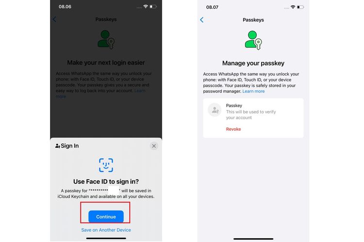 Ilustrasi cara login WhatsApp tanpa kode verifikasi dengan passkey.