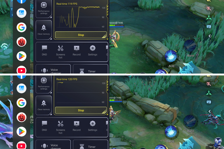 FPS Poco F8 Pro yang berada di angka 119 hingga 120, yang terdeteksi di Wildboost Optimization selama bermain game Mobile Legends.
