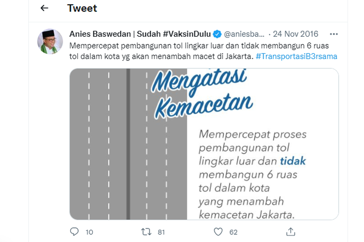 Anies Baswedan menolak pembangunan enam Jalan Tol Dalam Kota Jakarta 