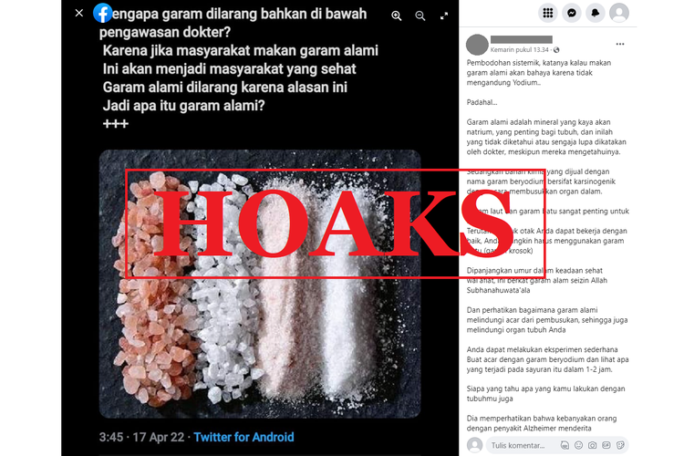 Tangkapan layar unggahan dengan narasi hoaks di sebuah akun Facebook, Senin (19/9/2022), berisi narasi yang menganjurkan mengonsumsi garam tanpa yodium karena diklaim lebih sehat.