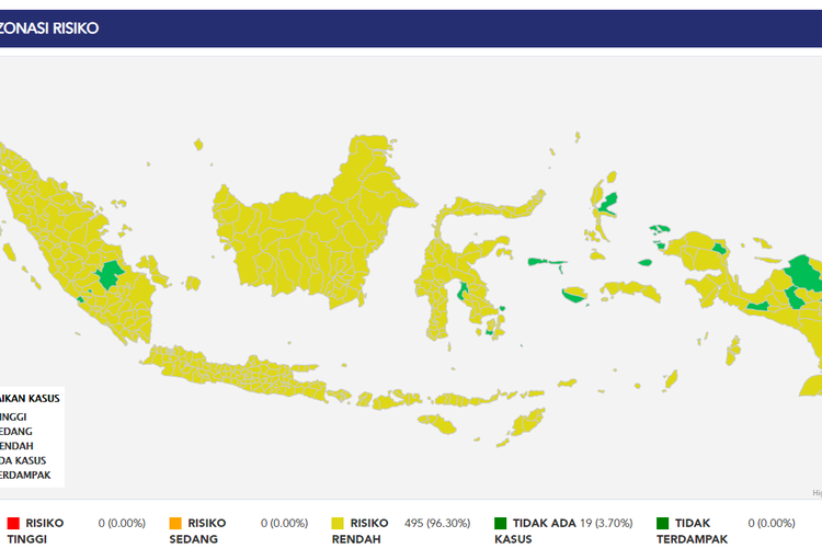 Peta zona risiko Covid-19 Indonesia per 7 November 2021. Terlihat tidak ada zona merah.