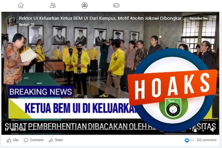 Tangkapan layar Facebook narasi yang menyebut Ketua BEM UI Melki Sedek Huang dikeluarkan dari kampus karena pernyataan yang dianggap mengancam Presiden Jokowi