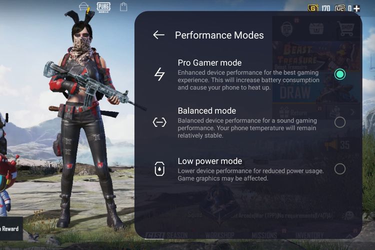 Tiga mode kinerja yang tersedia di ruang permainan adalah Mode Daya Rendah, Mode Keseimbangan, dan Mode Game Pro.