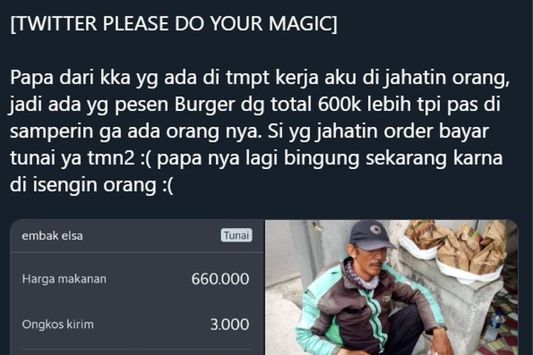 Tangkapan layar salah satu twit yang mengisahkan mitra GrabFood yang mendapatkan orderan fiktif di Jakarta senilai Rp 660.000