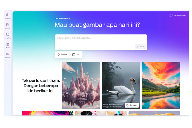 Tampilan Dream Lab, alat pembuat gambar dari perintah teks (text-to-image) baru di Canva.