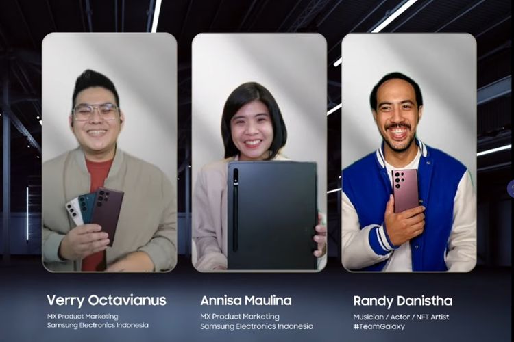 Product Marketing SEIN, Verry Octavianus dan Annisa Maulina, serta Musisi Randy Danistha hadir dalam acara peluncuran daring Galaxy S22 series dan Galaxy Tab S8 series di Indonesia, Selasa (1/3/2022).