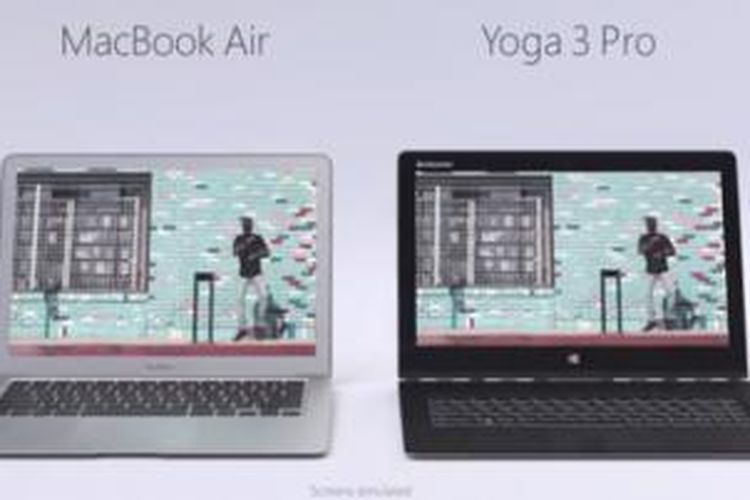 Potongan adegan video iklan Microsoft yang membandingkan laptop MacBook Air dengan Yoga 3 Pro