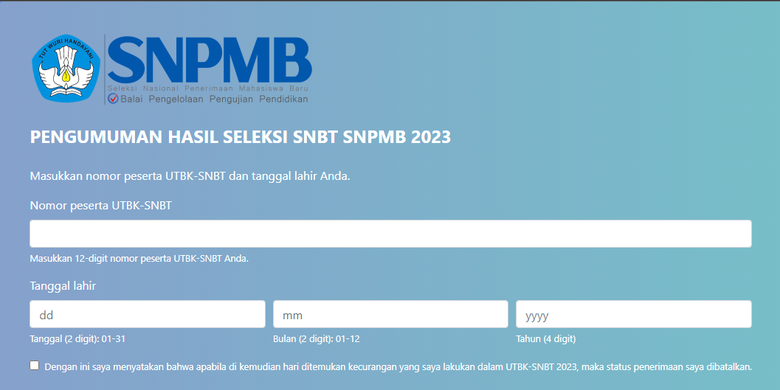 Tangkap layar portal pengumuman hasil skor UTBK SNBT 2023.