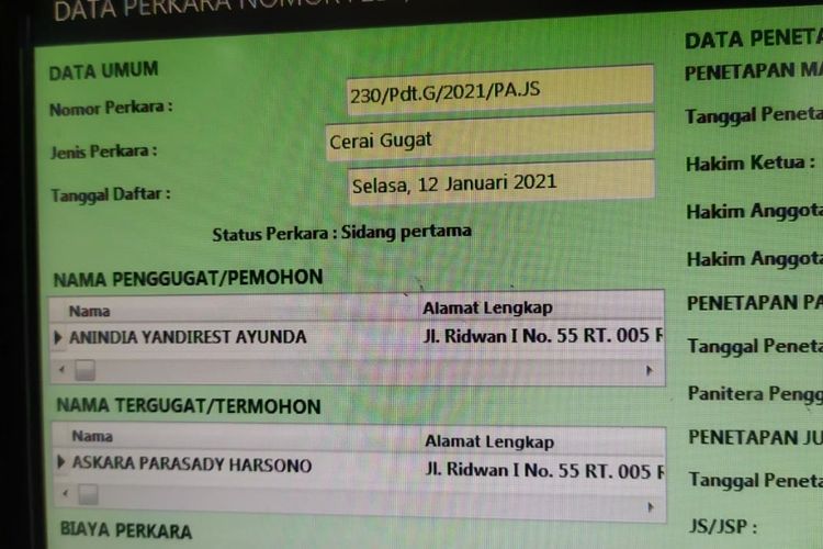 Data gugatan cerai Nindy Ayunda atas suaminya, Askara Parasady Harsono.