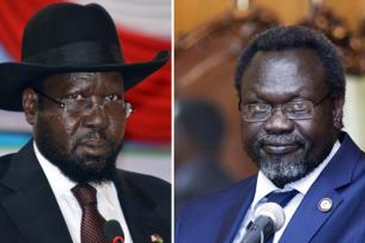 Presiden Sudan Selatan Salva Kiir (kiri) dan pemimpin pemberontak Riek Machar.