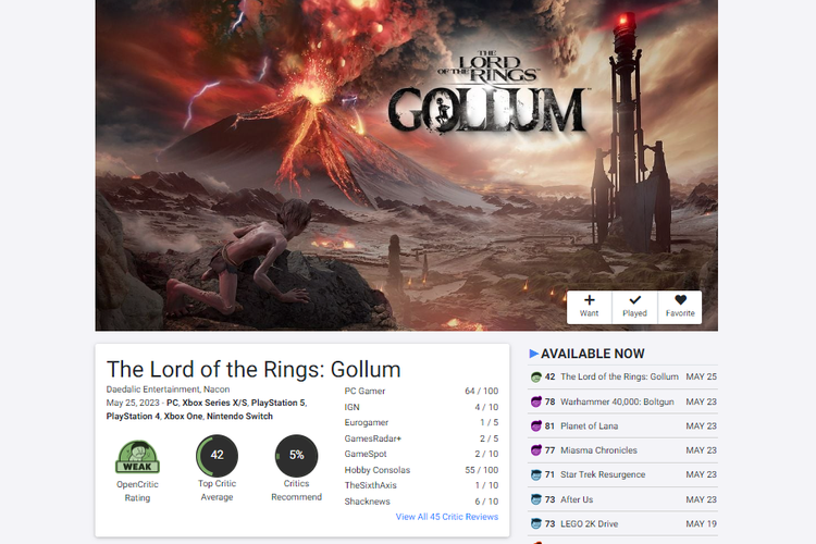 Skor The Lord of the Rings: Gollum di OpenCritic