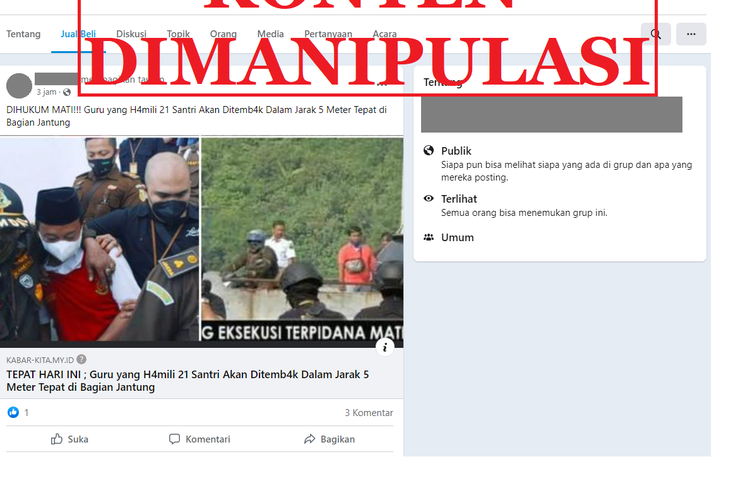 Tangkapan layar konten manipulasi di sebuah akun Facebook, Kamis (9/6/2022), mengenai pemerkosa santriwati ditembak mati hari ini.