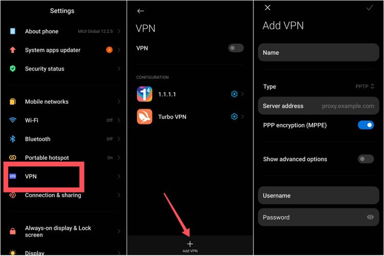 Cara mengaktifkan VPN secara manual melalui ponsel Android.