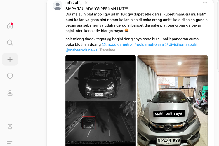 Pemilik akun Thread @nrhlzptr_ menceritakan dirinya menjadi korban salah sasaran surat tilang elektronik.