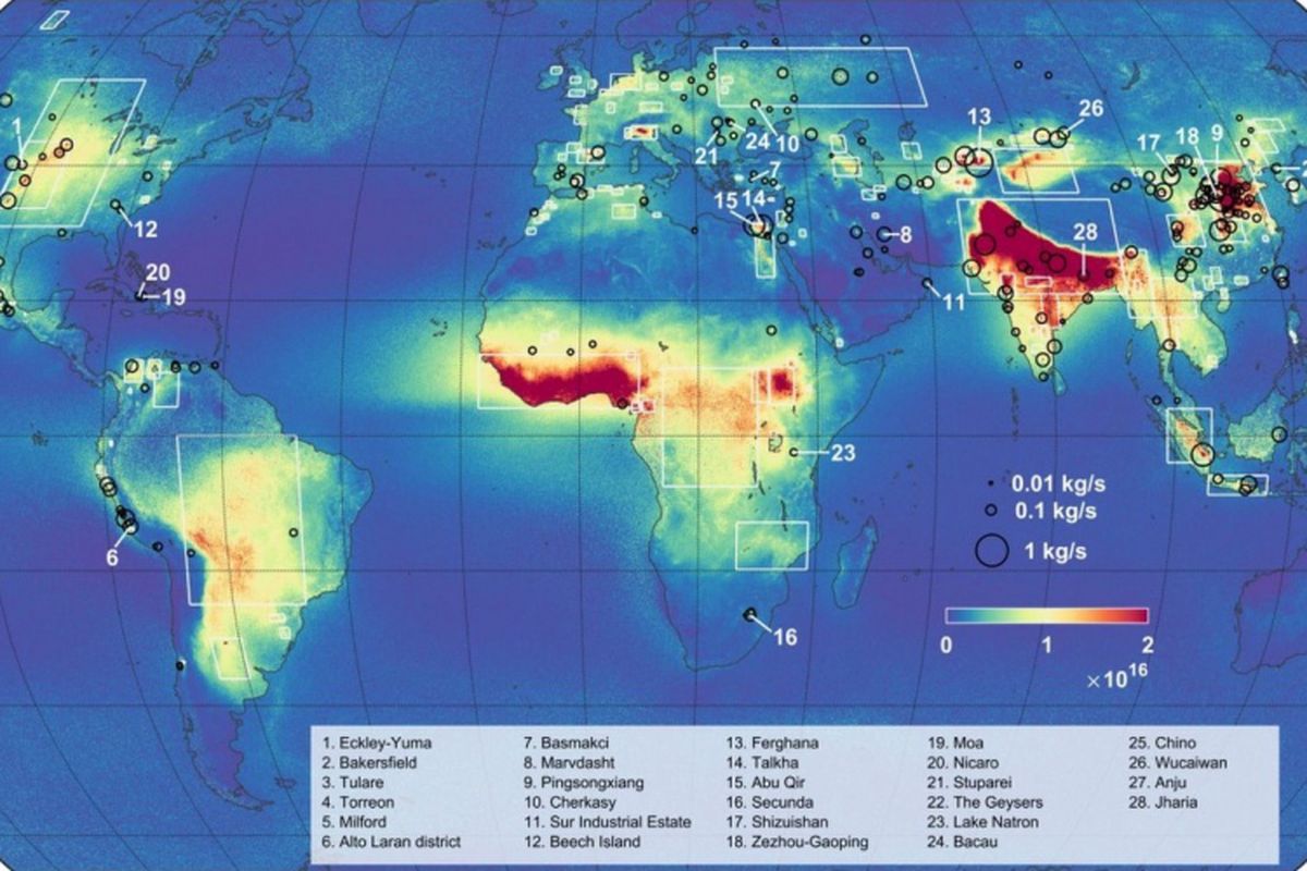 Siapa yang kentut di luar angkasa? Peta ini menunjukkan seberapa parah paparan gas amonia di atmosfer kita berdasarkan berdasarkan data satelit 9 tahun. Tim ahli yang terlibat dalam penelitian menemukan ada 242 titik panas amonia (dikelilingi oleh lingkaran hitam) dan 178 zona emisi yang lebih luas (dibingkai oleh persegi panjang putih). Menurut mereka, sekitar dua pertiga dari titik-titik panas ini sebelumnya tidak diketahui.