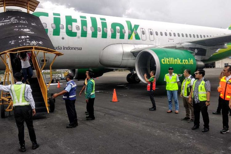 Pesawat Citilink saat mendarat di Bandara Mozes Kilangin Timika, Jumat (31/1/2020).