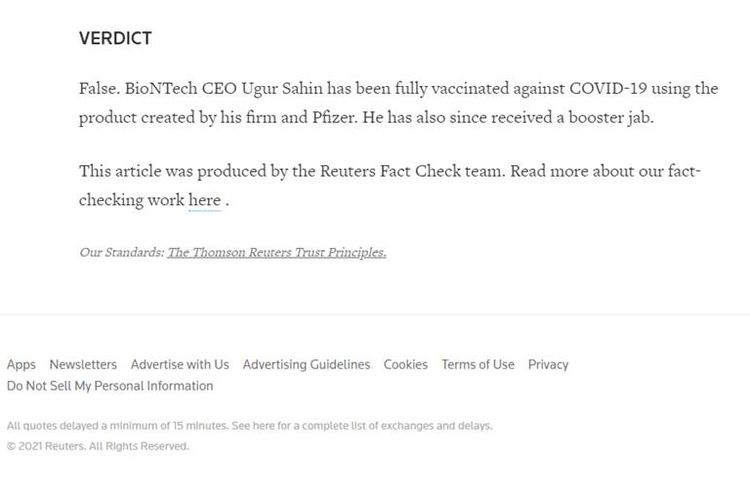 Tangkapan layar berita Reuters tentang CEO BioNtech yang sudah divaksin