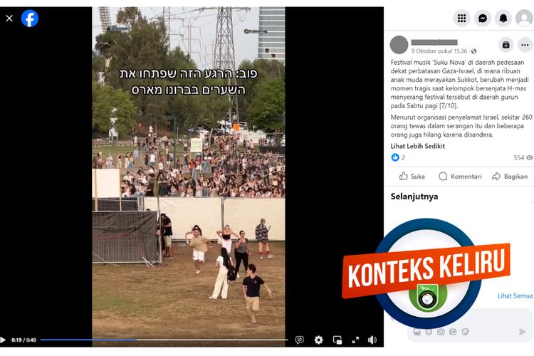 Tangkapan layar sebuah akun Facebook, Senin (9/10/2023), soal konser Bruno Mars di Park HaYarkon, Tel Aviv, Israel pada 4 Oktober 2023, beredar dengan konteks keliru.