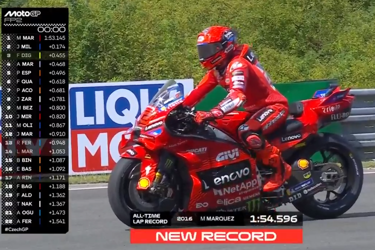 Marc Marquez (Ducati) memecahkan rekor lap sepanjang masa di Sirkuit Brno pada ajang MotoGP Ceko 2025. Kualifikasi MotoGP 2025 bergulir pada Sabtu (19/7/2025).