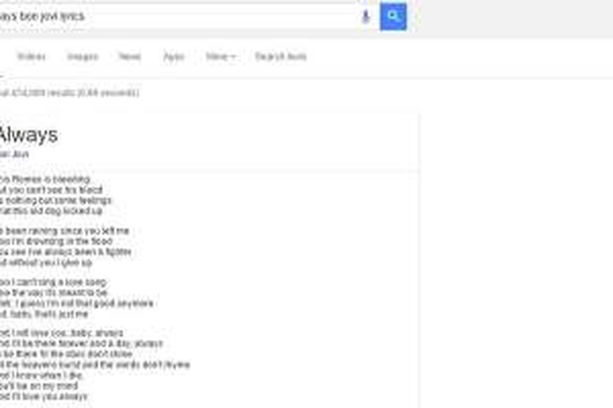 Mesin pencari Google akan menampilkan lirik lagu