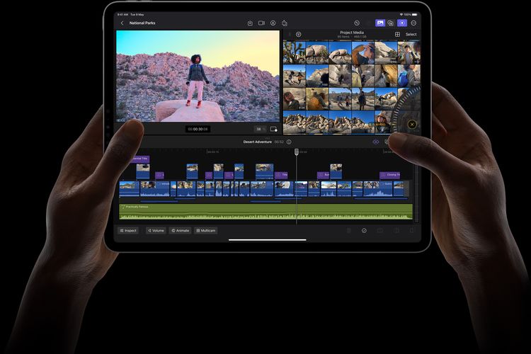 Tampilan Final Cut Pro di iPad beserta fitur Jog Wheel di sebelah kanan