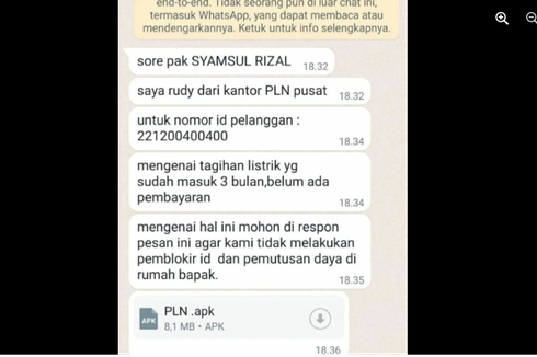 Viral, Unggahan Penipuan Bermodus Tagihan Listrik PLN dan Kirim File APK via WA