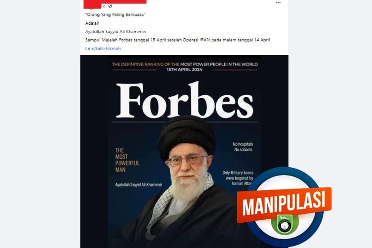 Tangkapan layar Facebook narasi yang mengeklaim Majalah Forbes menampilkan wajah Ayatollah Ali Khamenei di bagian sampul