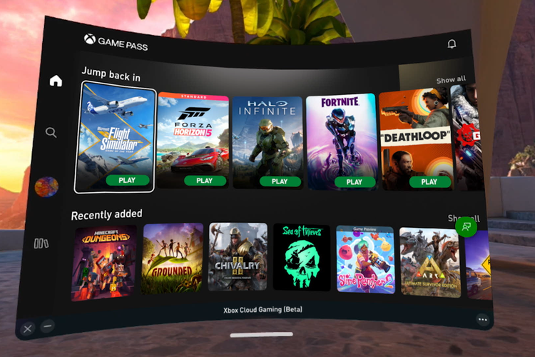 Ilustrasi layanan Xbox Cloud Gaming yang diakses melalui perangkat VR Meta Quest 2 dan Meta Quest Pro.
