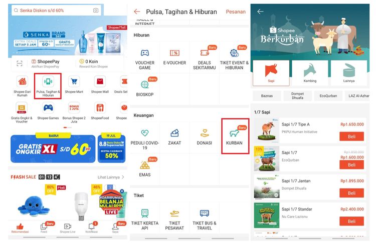 Fitur qurban digital di Shopee untuk mempermudah pengguna membayar qurban.