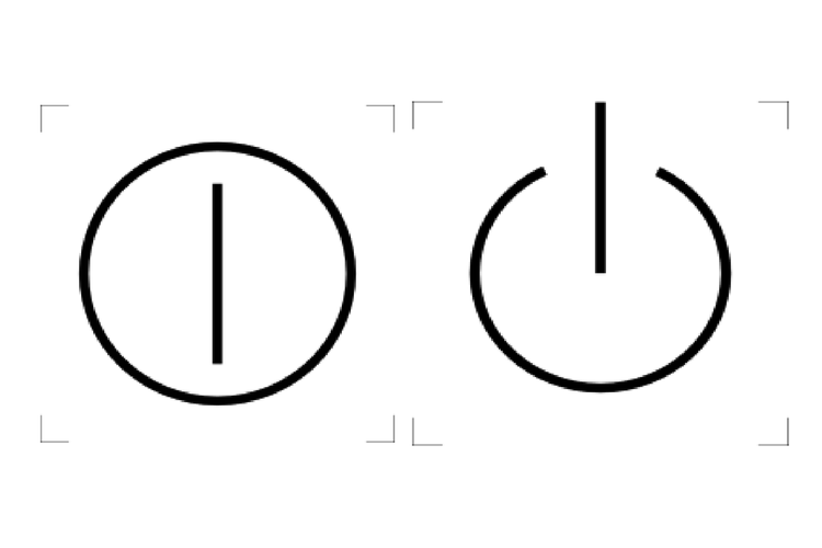 Ilustrasi dua jenis simbol tombol Power, tombol On/Off (kiri) dan tombol Standby (kanan)
