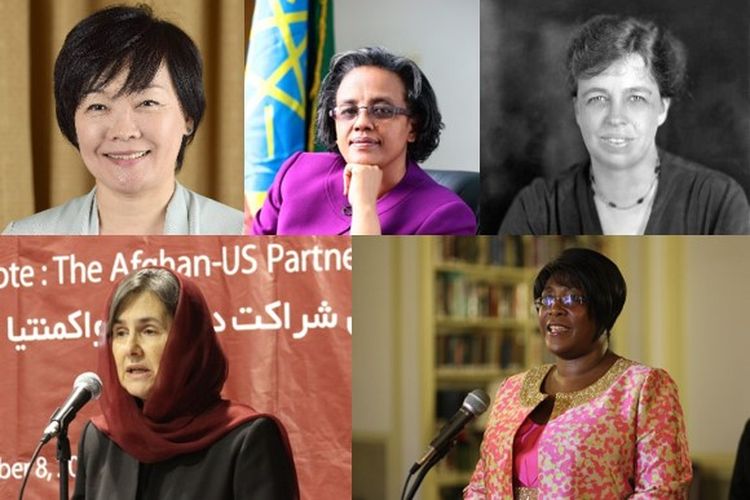 Akie Abe (kiri atas), Roman Tesfaye (tengah atas), Eleanor Roosevelt (kanan atas), Rula Ghani (kiri bawah), dan Christine Kaseba-Sata (kanan bawa), para ibu negara berpengaruh. 