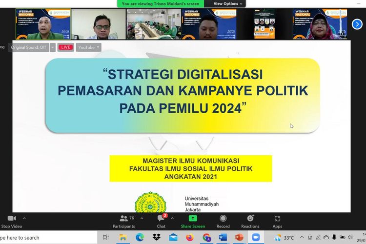 Magister Ilmu Komunikasi Universitas Muhammadiyah Jakarta (UMJ) menggelar webinar nasional Strategi Digitalisasi Pemasaran dan Kampanye Politik Pada Pemilu 2024, pada Jumat, 29 Juli 2022.