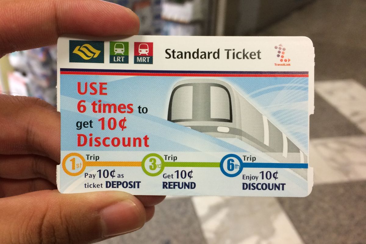 Tampak kartu sekali pakai untuk layanan MRT di Singapura, Senin (5/6/2017).