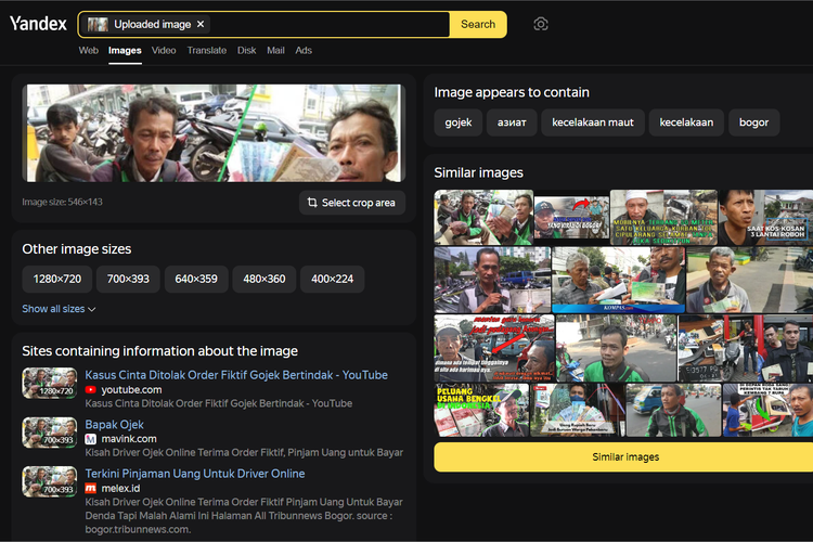 Tangkapan layar pencarian gambar di Yandex, untuk menelusuri foto pekerja ojol yang sukses berkat gim daring. Ternyata foto yang dipakai merupakan foto pekerja ojol yang menerima orderan fiktif pada 2016.