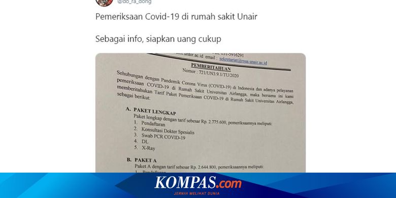 Ramai Soal Biaya Pemeriksaan Covid 19 Di Rs Unair Ini Penjelasannya Halaman All Kompas Com