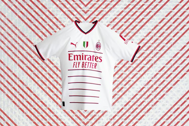 Ilustrasi jersey tandang AC Milan berwarna putih untuk musim 2022-2023. Jersey tandang AC Milan untuk musim 2022-2023 telah dirilis pada Jumat 22 Juli 2022.