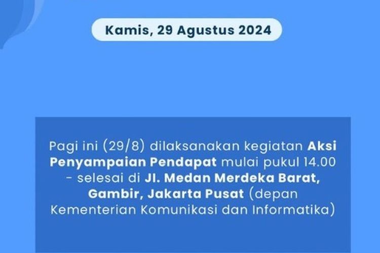 Dishub DKI Jakarta mengimbau masyarakat untuk menghindari lalu lintas di kawasan Jalan Medan Merdeka Barat, Gambir, Jakarta Pusat, atau tepatnya di depan Kementerian Komunikasi dan Informatika pada Kamis (29/8/2024).