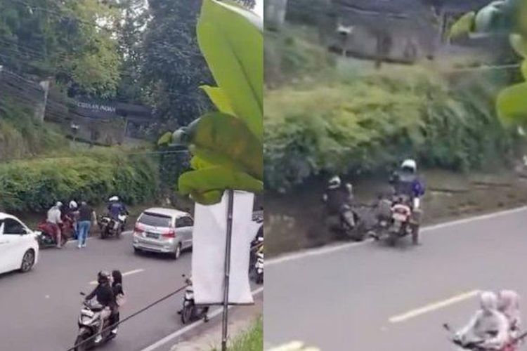 Tangkapan layar video aksi seorang petugas patwal diduga tendang pengendara motor hingga terjatuh ke selokan di Puncak Bogor, beredar viral di media sosial, Jumat (14/3/2025). 