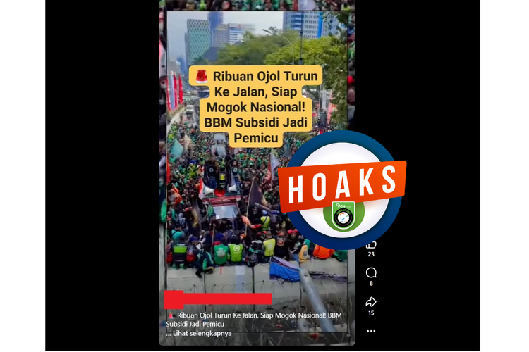 Tangkapan layar Facebook video yang diklaim menampilkan ribuan ojol melakukan aksi mogo karena dilarang menggunakan BBM bersubsidi
