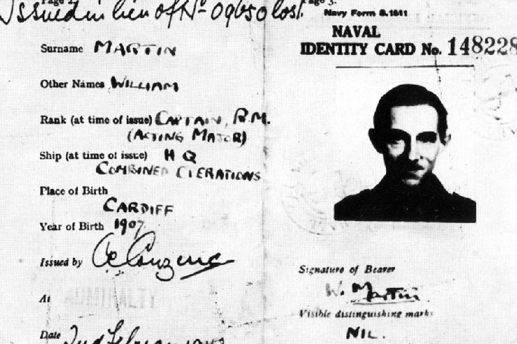 Kartu identitas palsu yang digunakan Inggris untuk mendukung karakter Mayor William Martin yang diciptakan sebagai bagian dari sebuah operasi intelijen.