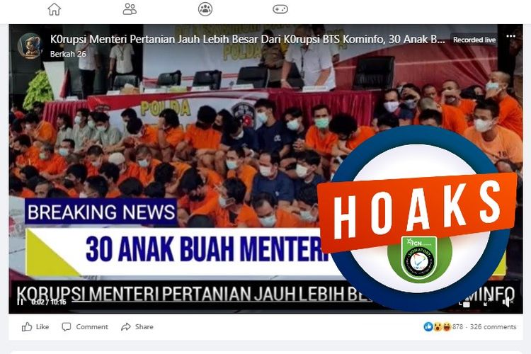 Tangkapan layar Facebook narasi yang menyebut 30 anak buah Menteri Pertanian, Syahrul Yasin Limpo ditahan KPK karena melakukan korupsi