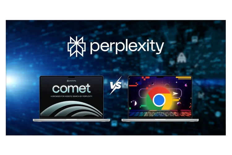 Ilustrasi browser milik Perplexity AI, Comet, dan browser Google Chrome.