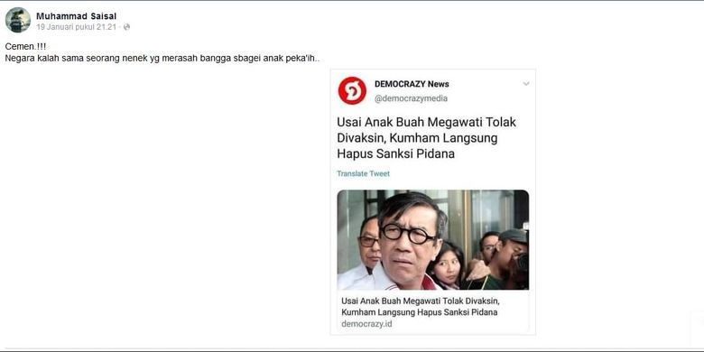 Tangkapan layar unggahan Facebook yang menyebut Kemenkumham langsung menghapus sanksi pidana bagi penolak vaksin Covid-19 setelah adanya penolakan vaksin dari anggota fraksi PDIP