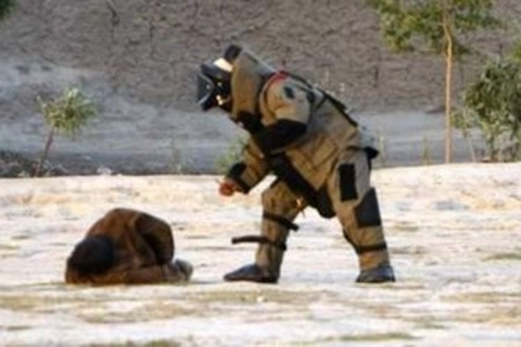 Aksi seorang anggota pasukan penjinak bom Afganistan tertangkap kamera saat mencoba menonaktifkan bom di tubuh seorang 