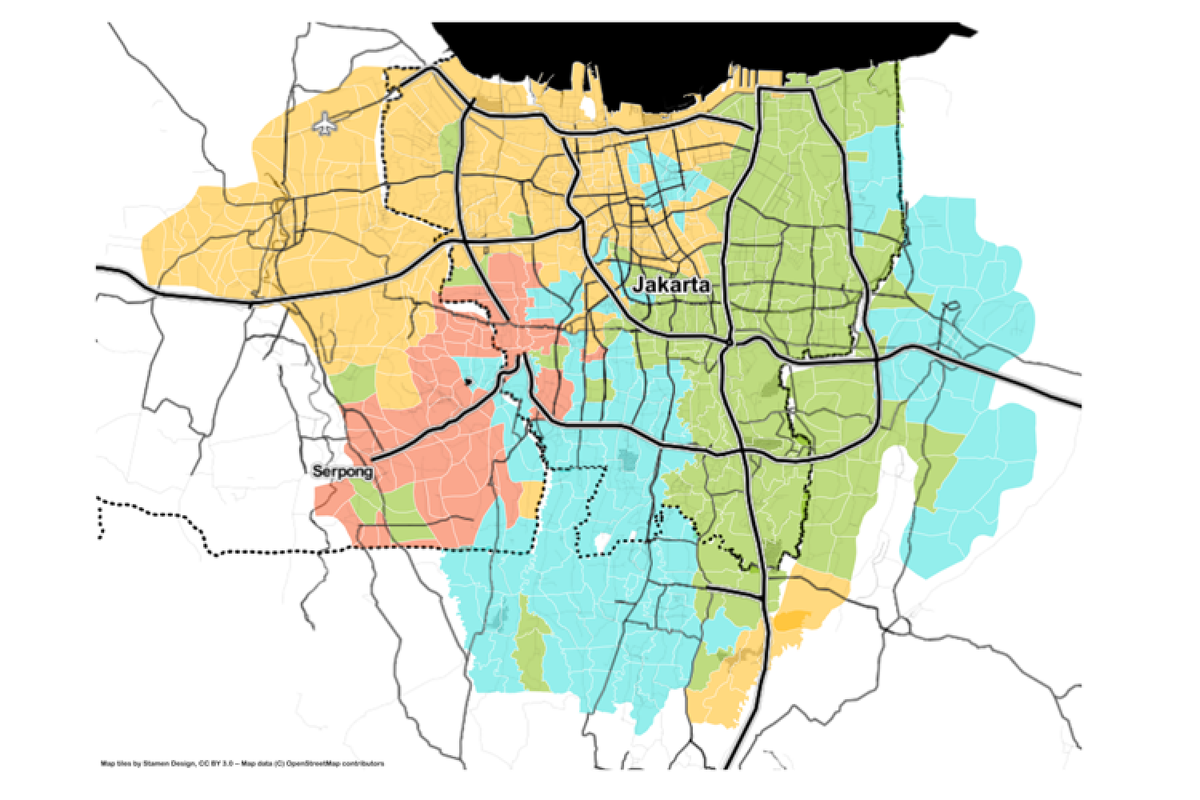 4 klaster dominan kemacetan jalanan Jakarta pada jam sibuk pulang kerja pukul 16.00-19.30 WIB menuju kawasan Senayan, berdasarkan data yang diambil pada 8-11 November 2022 menggunakan HERE Maps API kemudian diolah memakai metode clustering K-Means