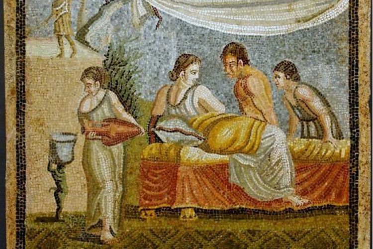 Wanita di Roma kuno. Pemandangan romantis dari mozaik di Villa di Centocelle, Roma, 20 SM - 20 Masehi.