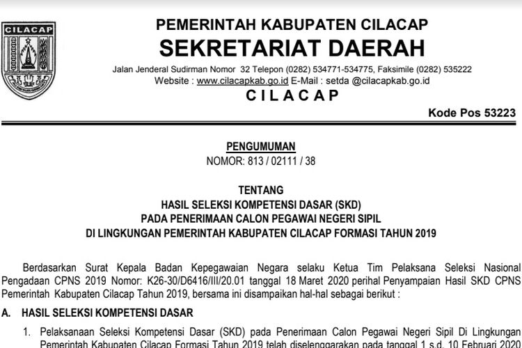 Tangkapan layar surat Pemkab Cilacap berisi pegumuman hasil SKD CPNS 2019.