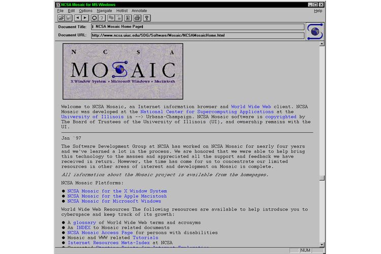 Tampilan homepage browser Mosaic versi 1.0.
